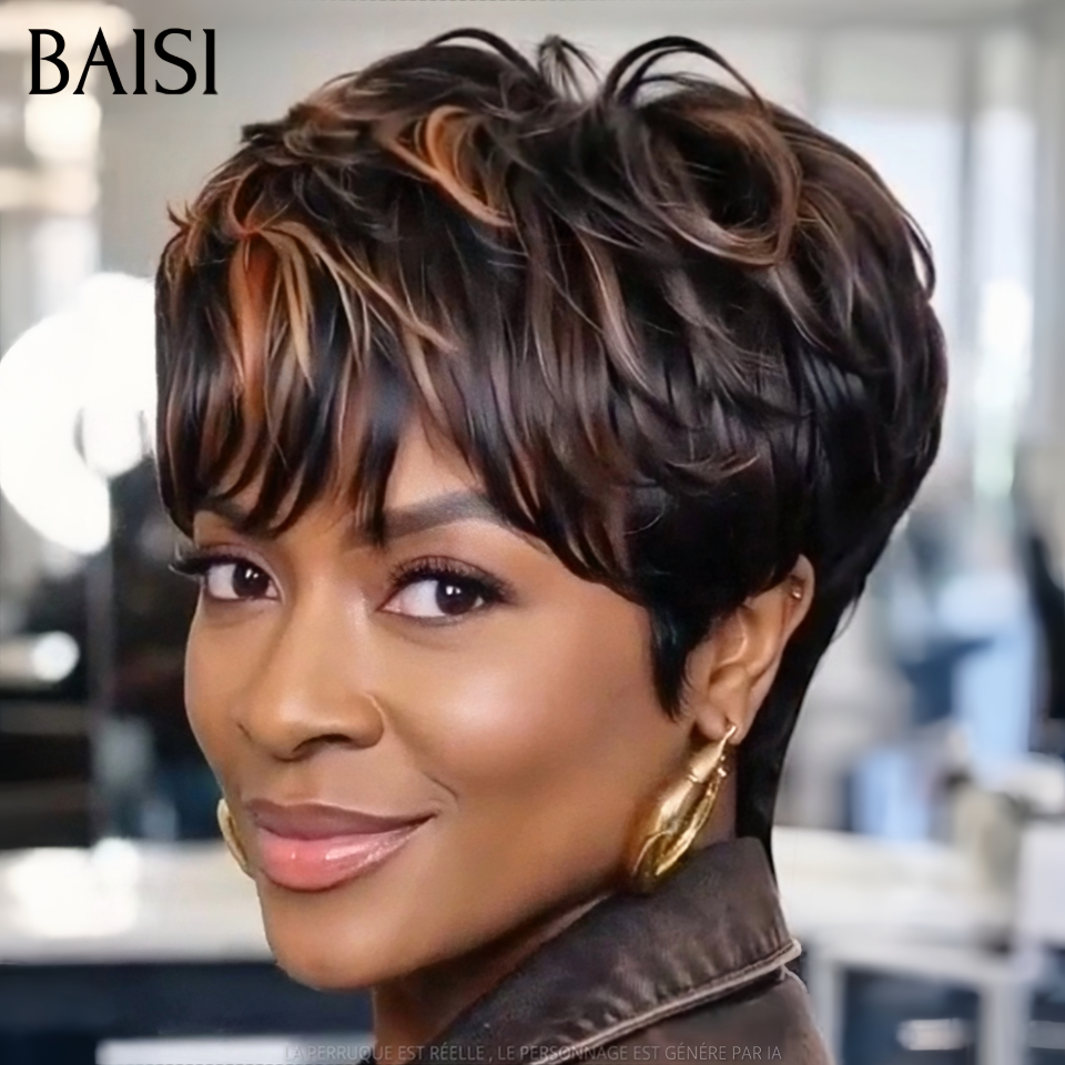 BAISI Perruque Pixie Lisse Noir Ombré Marron 1B/4# 68€ Sans Colle Sans Lace Couleurs Trois Tons Original en 100% Cheveux humains