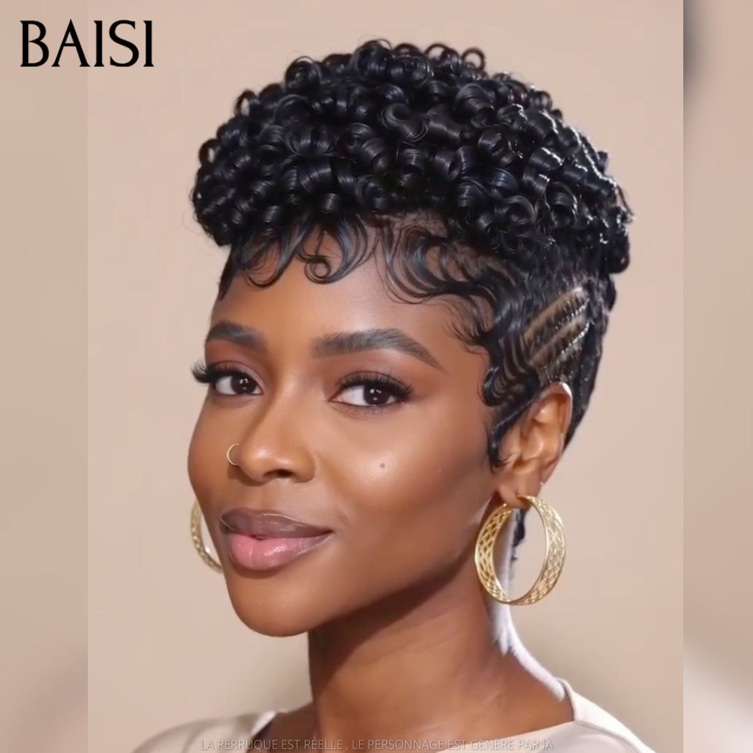 BAISI 13X4 Lace Peruca Pixie Cacheada Pré-Estilizada em Preto 1B# Resistente ao Calor e Elegante em 100% Cabelo Humano