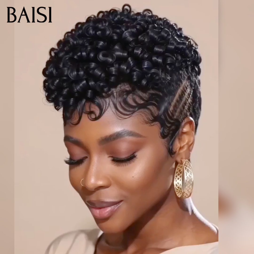 BAISI 13X4 Lace Peruca Pixie Cacheada Pré-Estilizada em Preto 1B# Resistente ao Calor e Elegante em 100% Cabelo Humano