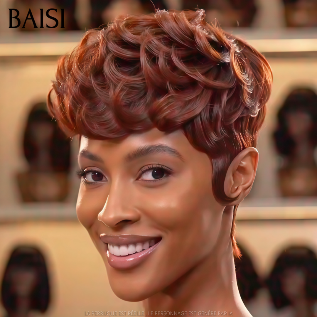 BAISI Peluca Pixie Rizada Corta Full Lace, Color Personalizado Naranja Jengibre #350, Muy Buena Calidad, 100% Cabello Humano