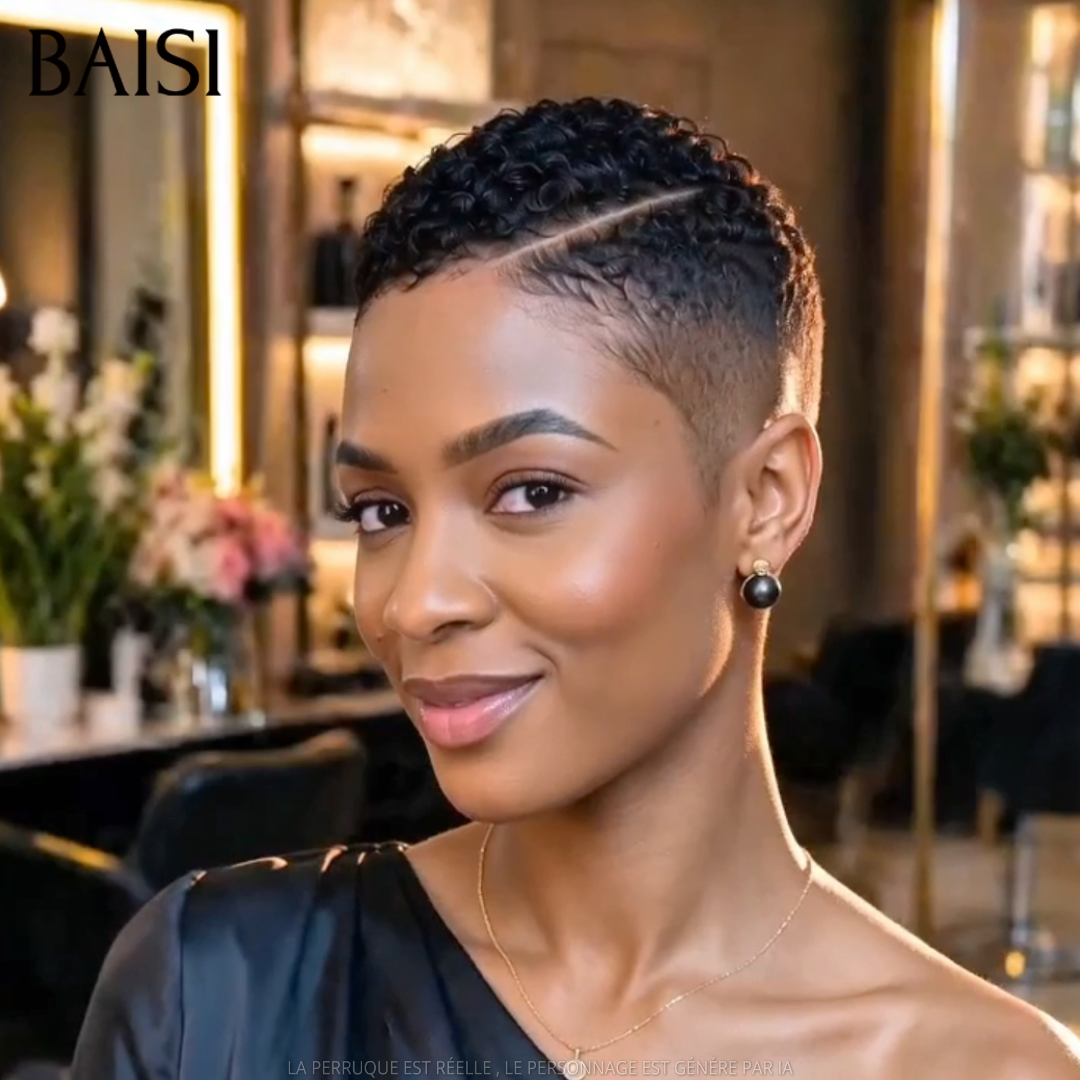 BAISI Full Lace Perruqque Pixie Curly Courte Couleur Noir 1B# Modèle Unique Classique en 100% Cheveux Humains