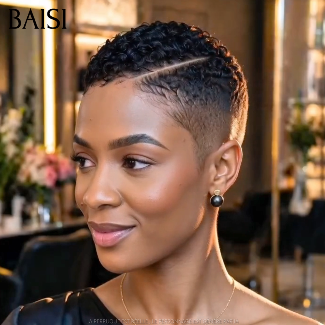 BAISI Full Lace Perruqque Pixie Curly Courte Couleur Noir 1B# Modèle Unique Classique en 100% Cheveux Humains