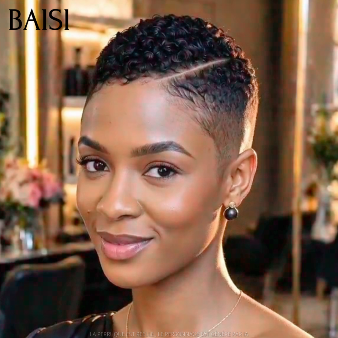 BAISI Full Lace Perruqque Pixie Curly Courte Couleur Noir 1B# Modèle Unique Classique en 100% Cheveux Humains