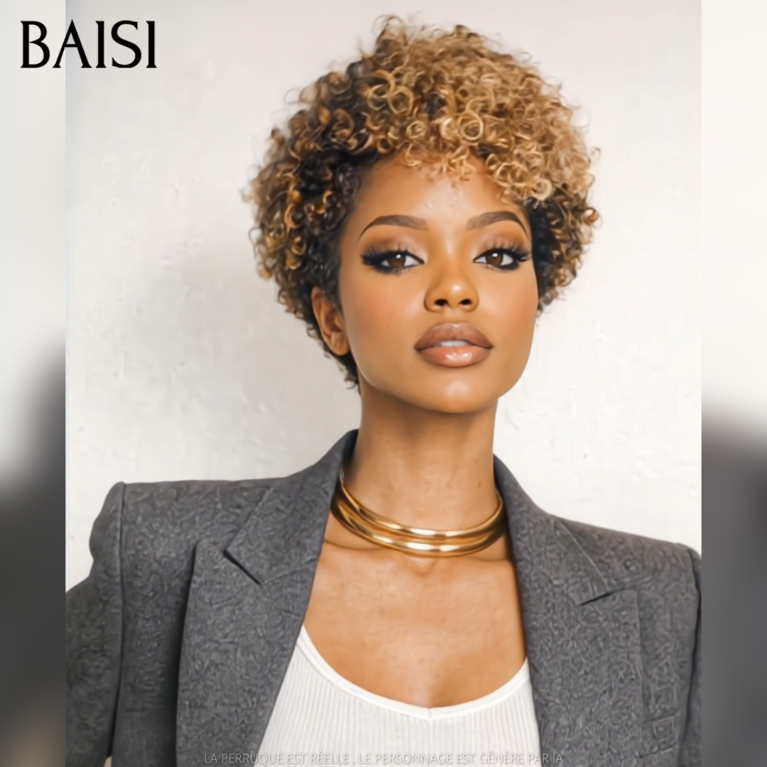 BAISI Peruca Pixie 68€ sem Cola, onda encaracolada, na cor mista Mel em 100% Cabelo Humano C