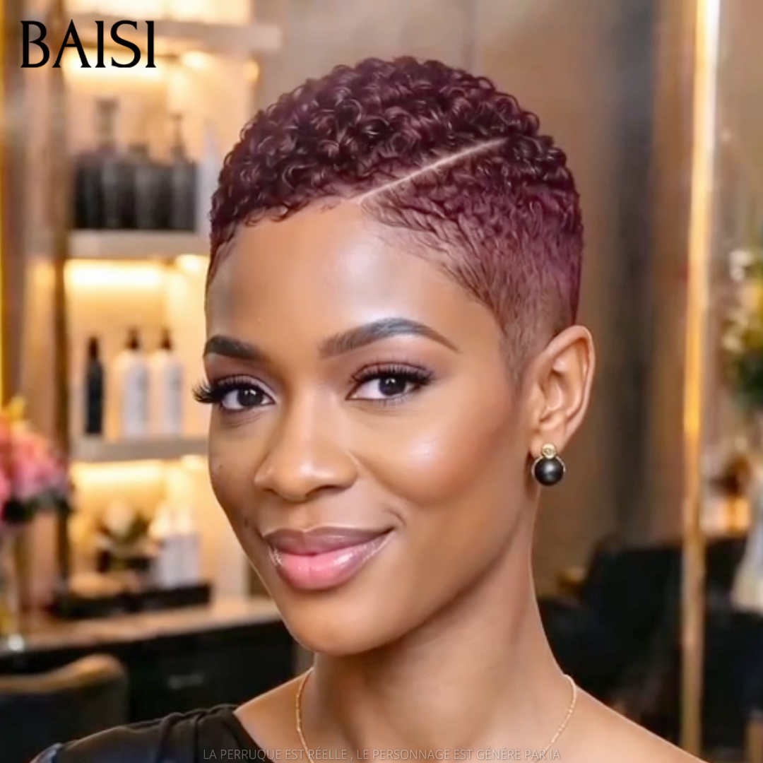 BAISI Full Lace Perruque Pixie Courte Afro Déjà Coiffée Couleur Bordeaux 99J 135€ Respirante et  Super Chic en 100% Cheveux humains