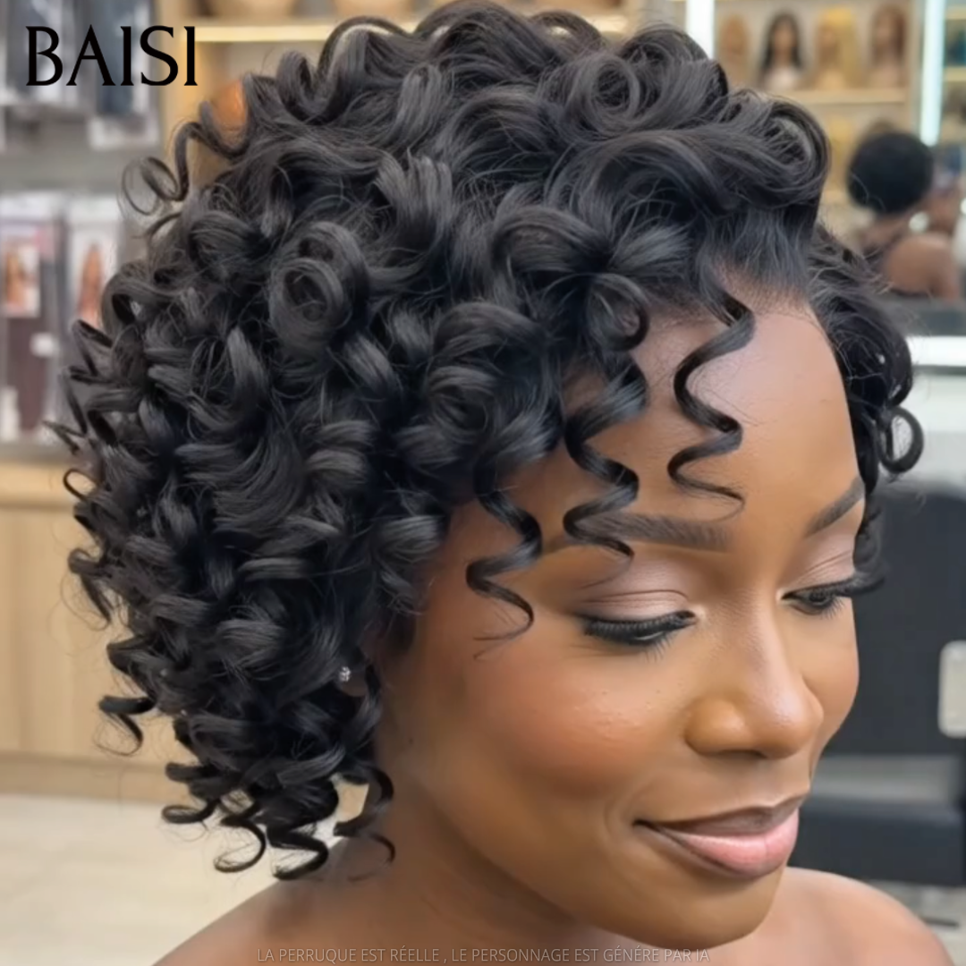 BAISI 13x4 Lace Perruque Pixie Wave CouleurNoir 1B# 89€ Boucle Rebondissante  en 100% Cheveux humains