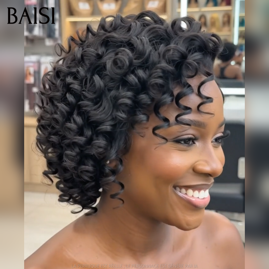 BAISI 13x4 Lace Perruque Pixie Wave CouleurNoir 1B# 89€ Boucle Rebondissante  en 100% Cheveux humains