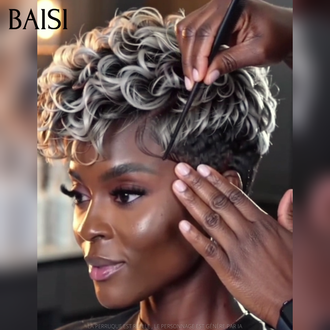 BAISI 7x5 Lace Perruque Pixie Wave Couleur 1B/Gris# 129€ Look Authentique en 100% Cheveux humains