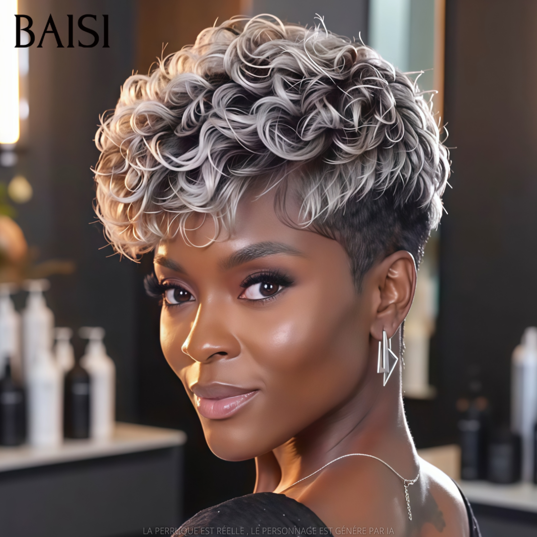 BAISI 7x5 Lace Perruque Pixie Wave Couleur 1B/Gris# 129€ Look Authentique en 100% Cheveux humains