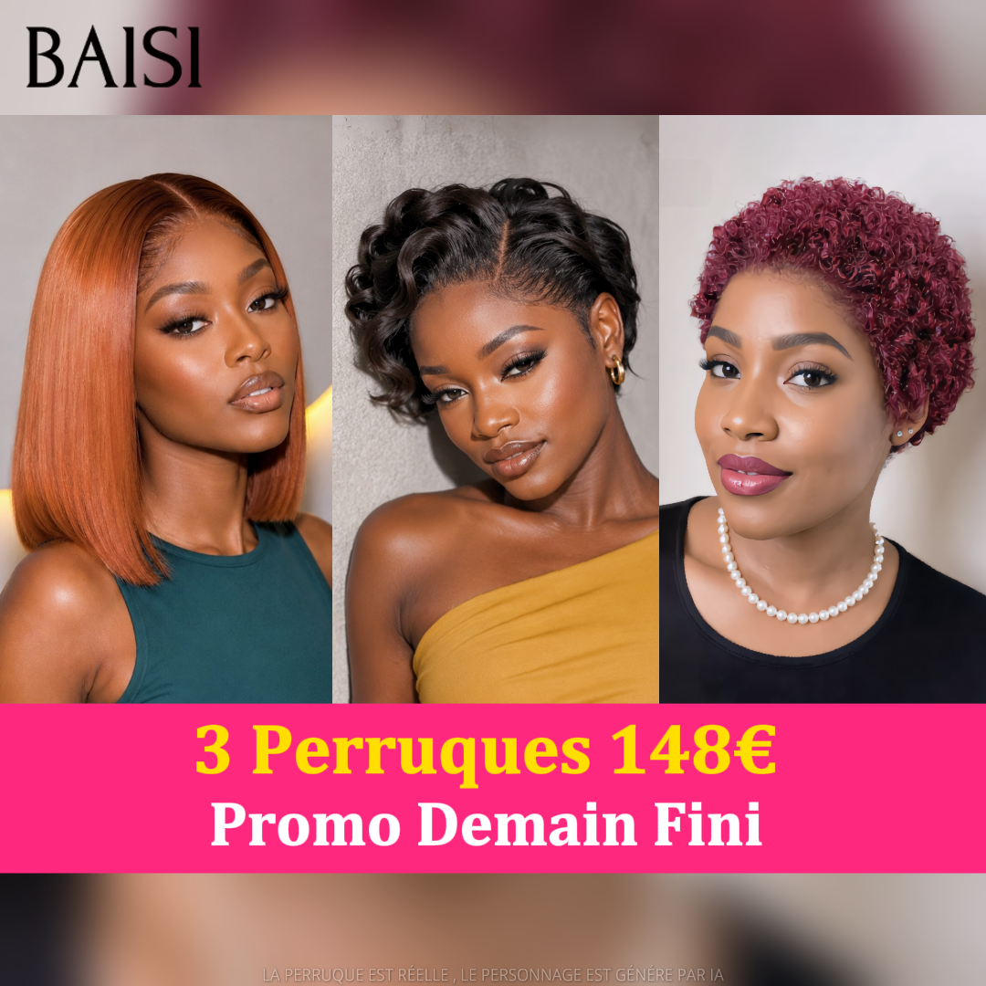 BAISI Lot de 3 Perruques Pixie Bouclée + Bob lisse Marron Rouge Bordeau et Noir 148€ Mixage Très Rentable pour Revendeurs en 100% Cheveux humains