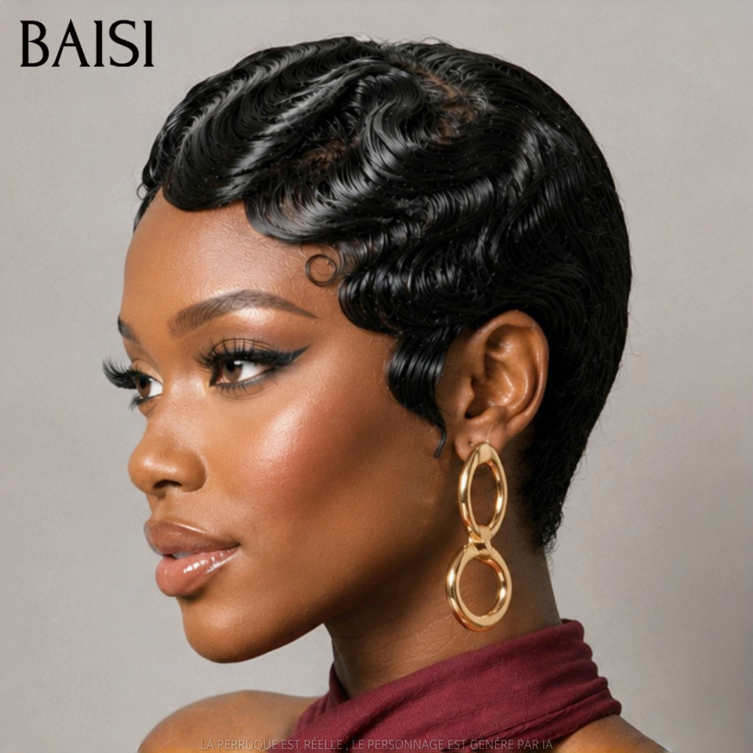 BAISI 13X4 lace Perruque Pixie finger wave en Couleur NOIR 65€ En 100% Cheveux Humains