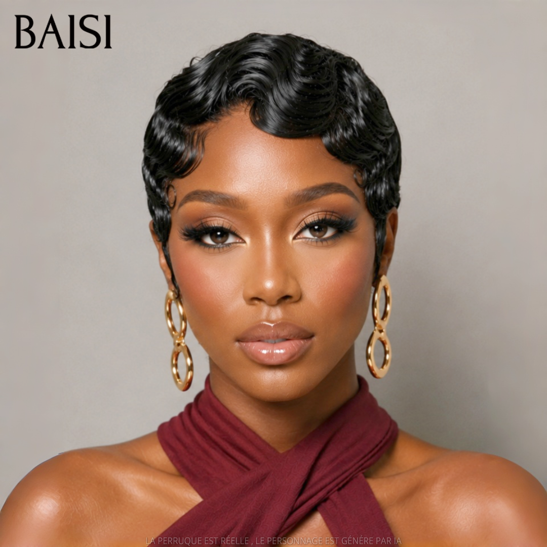 BAISI 13X4 lace Perruque Pixie finger wave en Couleur NOIR 65€ En 100% Cheveux Humains