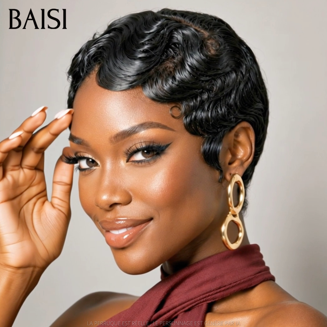 BAISI 13X4 lace Perruque Pixie finger wave en Couleur NOIR 65€ En 100% Cheveux Humains