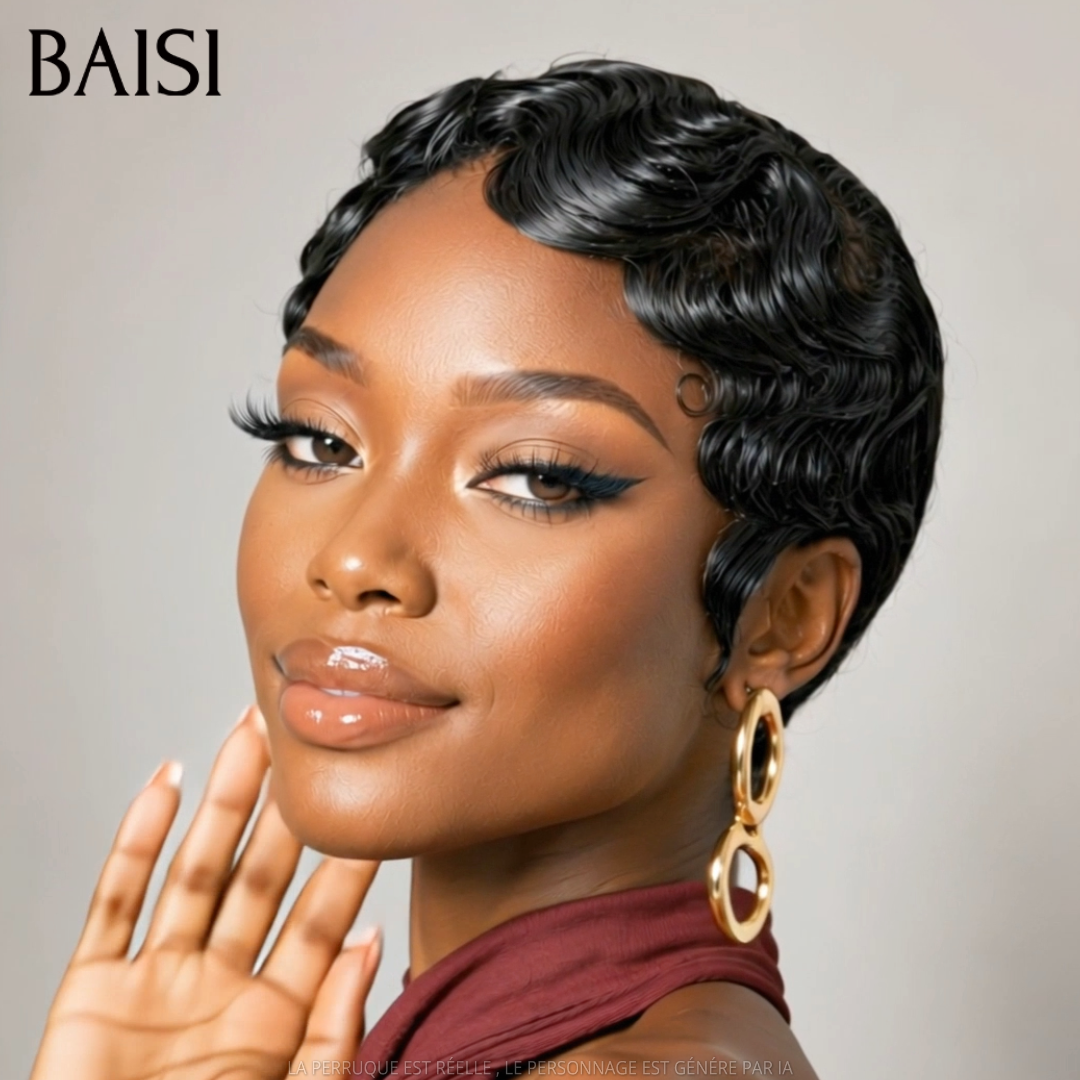 BAISI 13X4 lace Perruque Pixie finger wave en Couleur NOIR 65€ En 100% Cheveux Humains