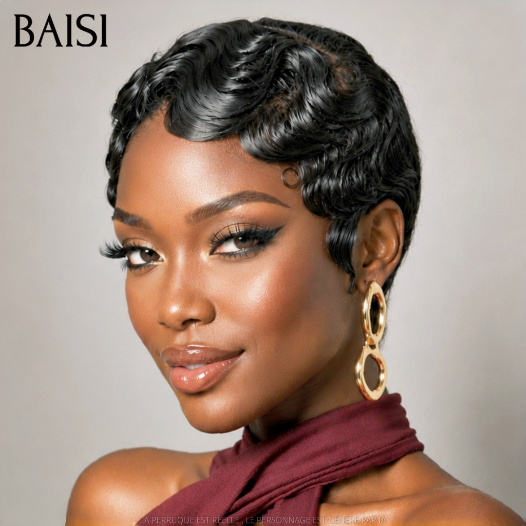 BAISI 13X4 lace Perruque Pixie finger wave en Couleur NOIR 65€ En 100% Cheveux Humains