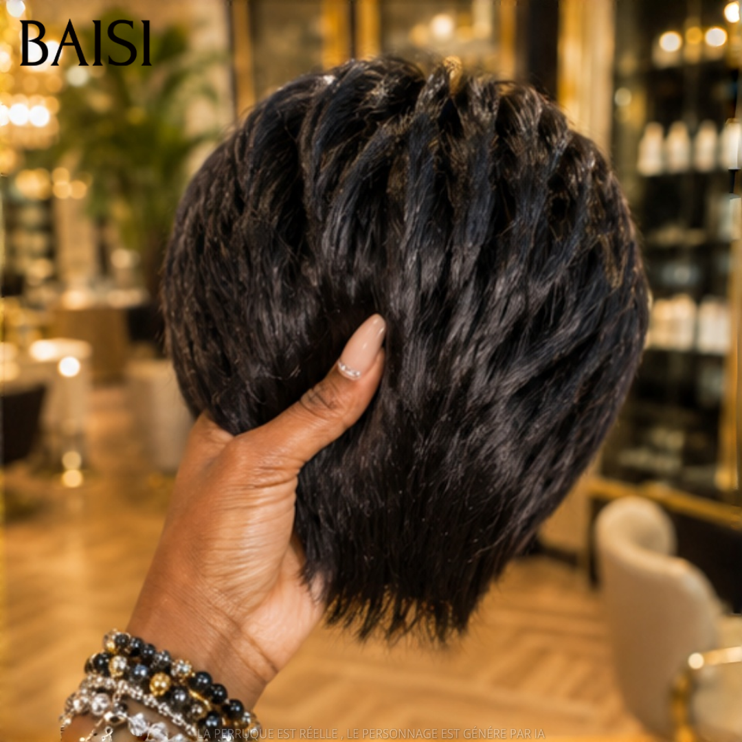 BAISI Collection Perruques Poivre et Sel pixie Lisse Gris sophistiqué élégance mature et naturelle style parisien intemporel en 100% Cheveux Humains ou pixie NOIR 45€ BS30