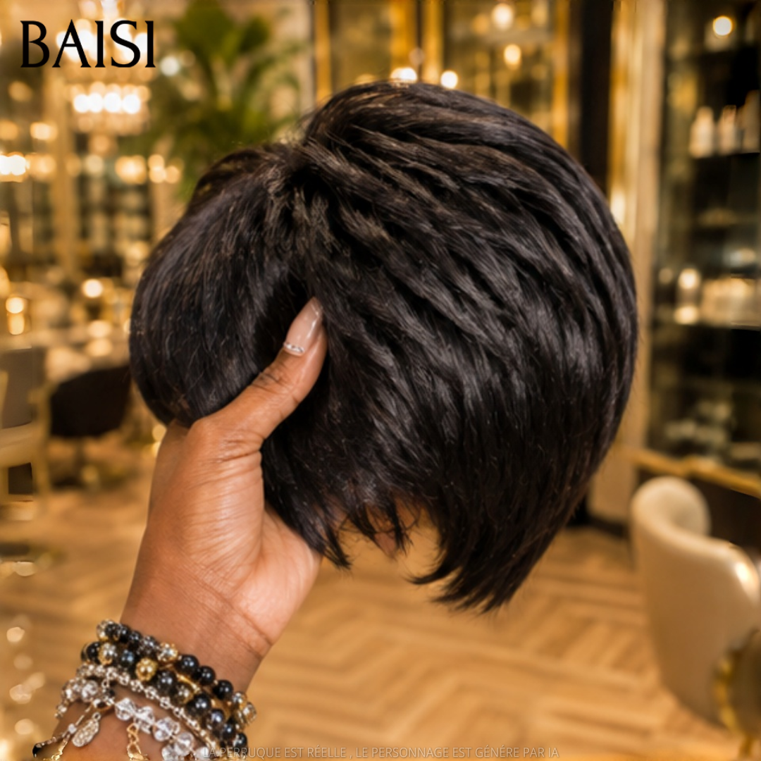 BAISI Collection Perruques Poivre et Sel pixie Lisse Gris sophistiqué élégance mature et naturelle style parisien intemporel en 100% Cheveux Humains ou pixie NOIR 45€ BS30