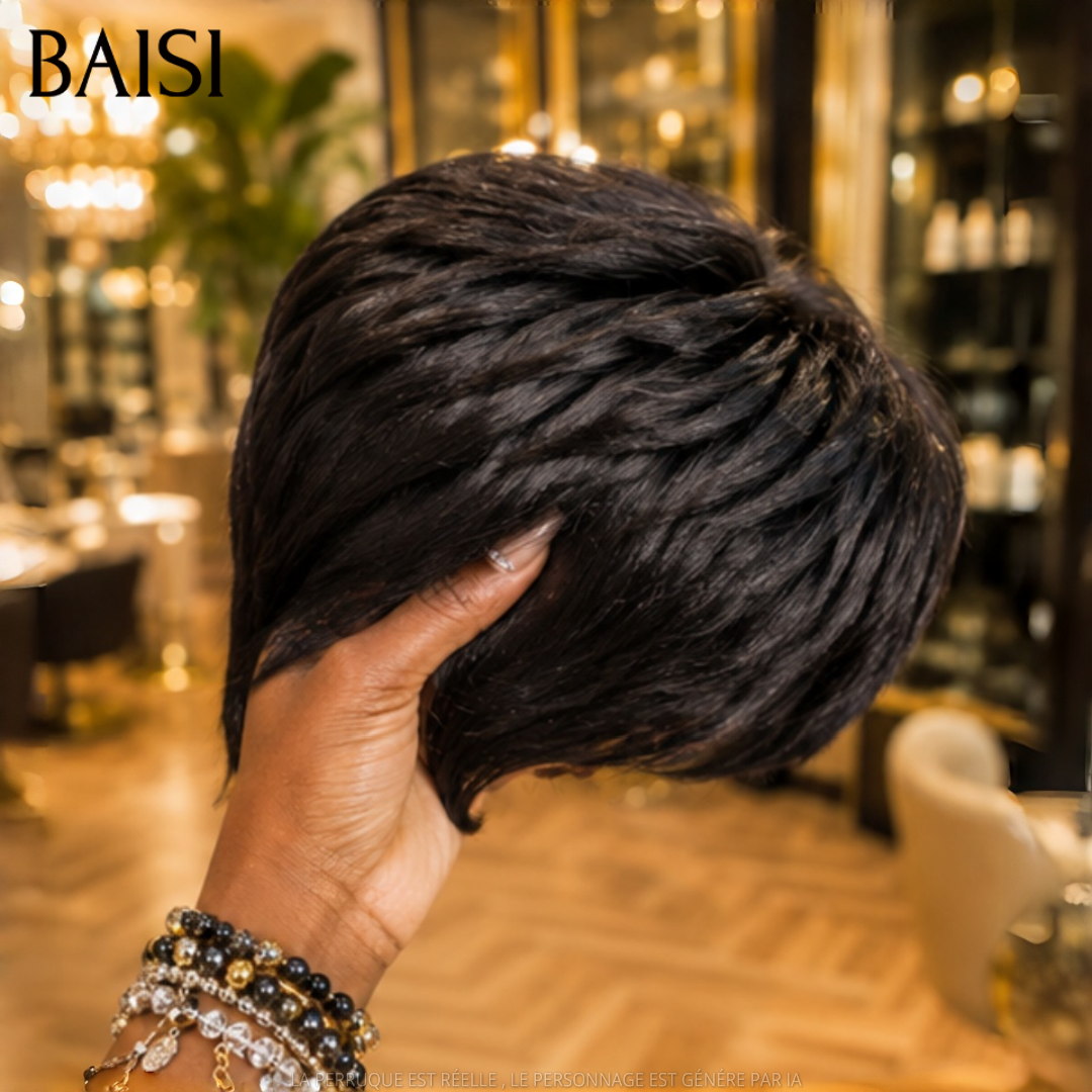 BAISI Collection Perruques Poivre et Sel pixie Lisse Gris sophistiqué élégance mature et naturelle style parisien intemporel en 100% Cheveux Humains ou pixie NOIR 45€ BS30