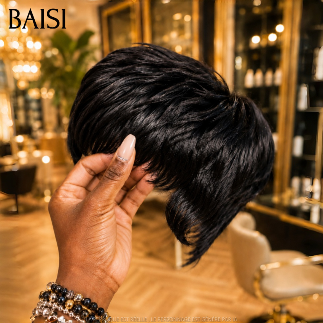 BAISI Collection Perruques Poivre et Sel pixie Lisse Gris sophistiqué élégance mature et naturelle style parisien intemporel en 100% Cheveux Humains ou pixie NOIR 45€ BS30