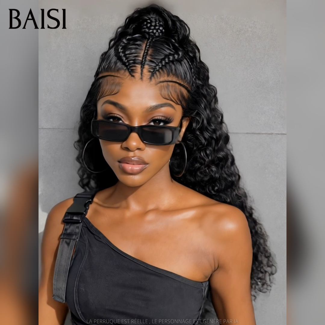 BAISI 13x6 Lace Perruque Déjà Coiffée Deep Wave Natté Couleur Noir Excellente Qualité La Classe Totale en 100% Cheveux humains