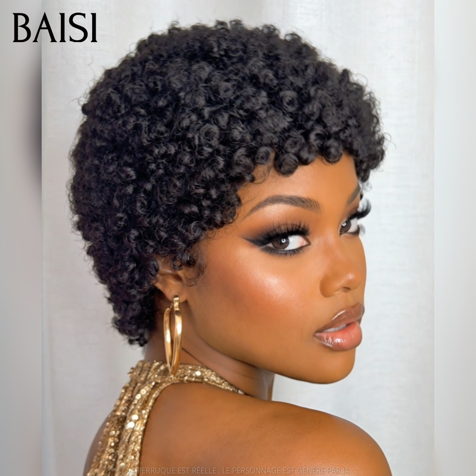BAISI Perruque Pixie Afro curl Couleur Noir 1B# 56€ Sans Colle Sans Lace Pour Débutante Beauté Possessive en 100% Cheveux humains