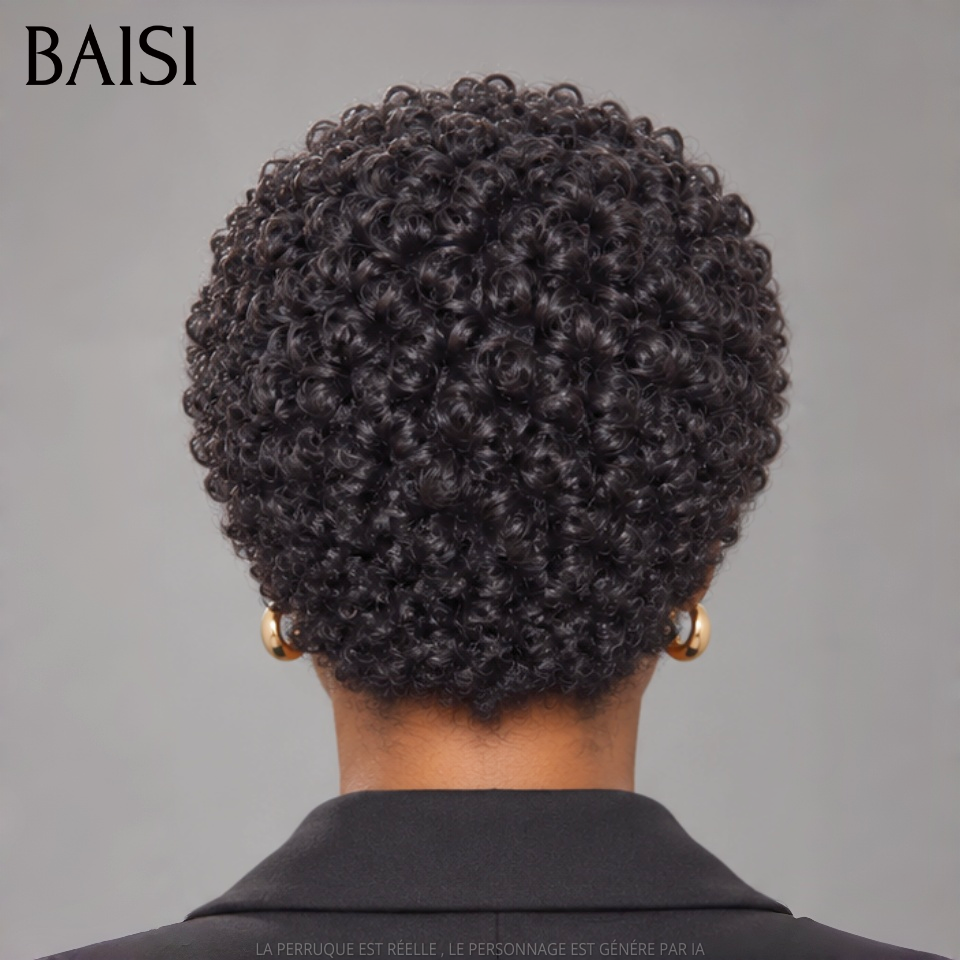 BAISI Perruque Courte Pixie Curly Couleur Noir 1B# 59€ Sans Colle Sans Lace 100% Authentique en 100% Cheveux humains