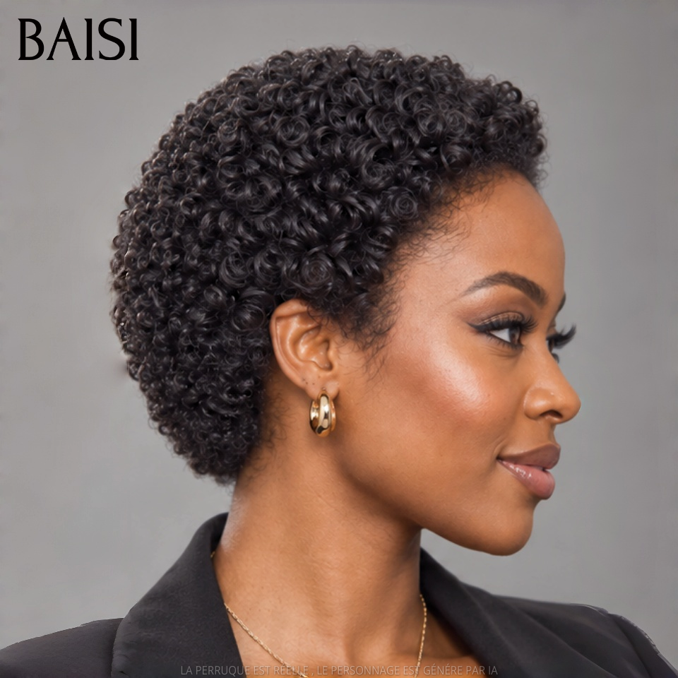 BAISI Perruque Courte Pixie Curly Couleur Noir 1B# 59€ Sans Colle Sans Lace 100% Authentique en 100% Cheveux humains
