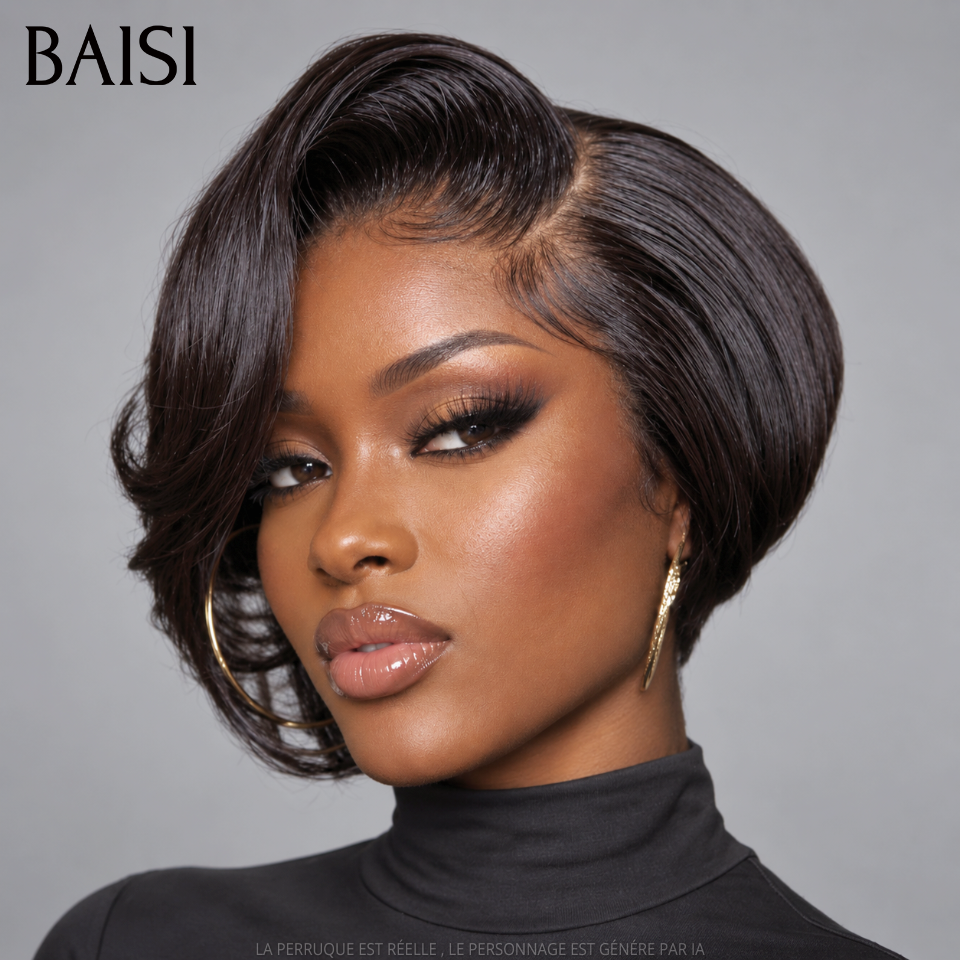 BAISI 2 Piéces 100€ pixie 13x4 Lace Frontale Perruque lisse petite coupe Facile à porter NOIR et Mixte Miel En 100% Cheveux Humains
