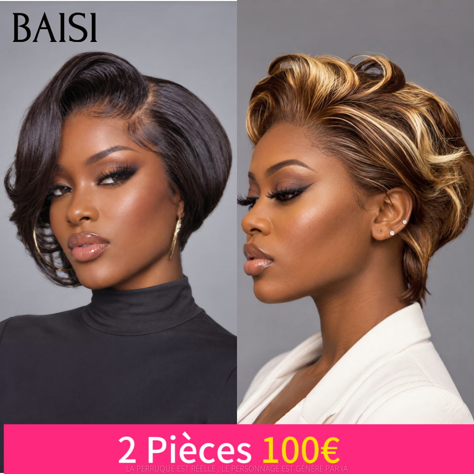 BAISI 2 Piéces 100€ pixie 13x4 Lace Frontale Perruque lisse petite coupe Facile à porter NOIR et Mixte Miel En 100% Cheveux Humains