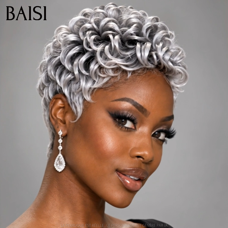 BAISI Perruque Pixie Wave Courte Couleur Gris# 89€ Sans Colle Sans Lace  Pratique Au Quotidien de Grand Mère en 100% Cheveux humains