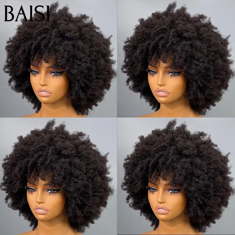BAISI Perruque Pixie Afro avec Frange en couleur noir sans colle 100% Cheveux Humains Fabriqué à la Machine BS65