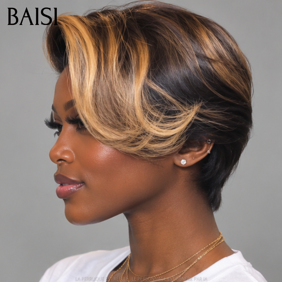 BAISI Perruque pixie avec lace frontal Bouclée 6 pouce 62€ en couleur NOIR Mixte Miel Très bon marché En 100% Cheveux Humains
