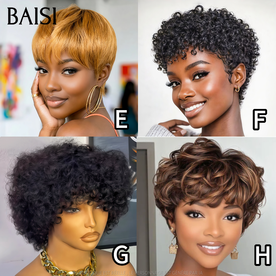 BAISI Lot 4 Perruques Pixie ABCD ou EFGH 100€ Différentes Modèles Mélangées Pour Revendre Fabriqué à la Machine en 100%  cheveux humains