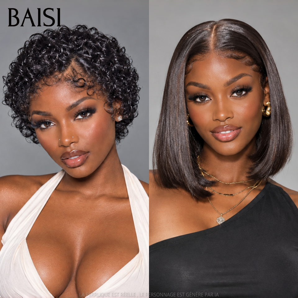 BAISI 13x4 Lace Frontale Lote de 2 Perucas Curtas, 1 Pixie Curly 69€ e 1 Bob Carré Liso 78€ Só Promoção inédita em 100% Cabelo Humano