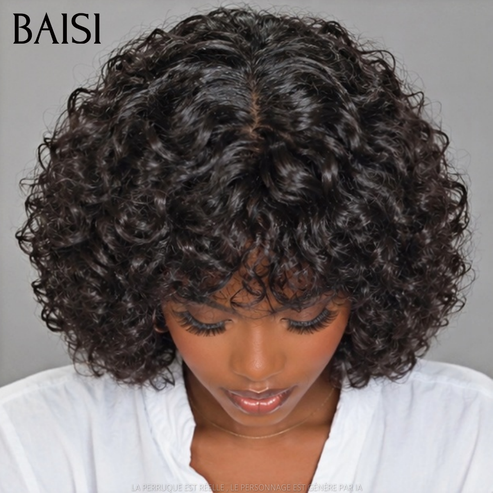 BAISI Luxury Egg Wave Wigs with Bangs Made by Double Drawn Hair with Natural Middle Parting 300% Density