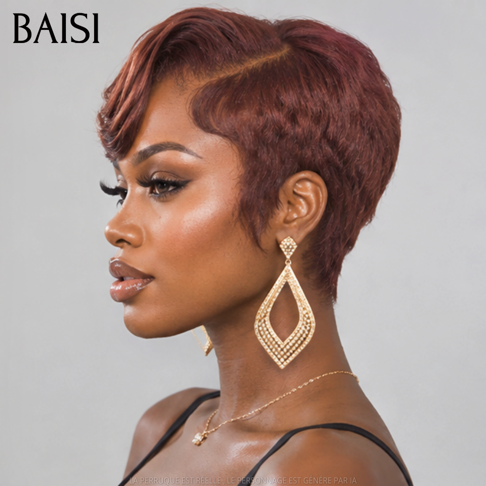 BAISI Peluca frontal de encaje 13x4 personalizada color marrón pixie liso de cabello humano