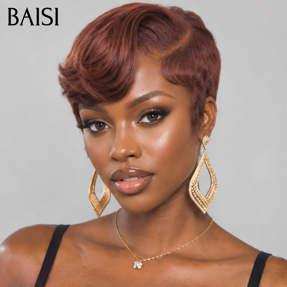 BAISI Peluca frontal de encaje 13x4 personalizada color marrón pixie liso de cabello humano