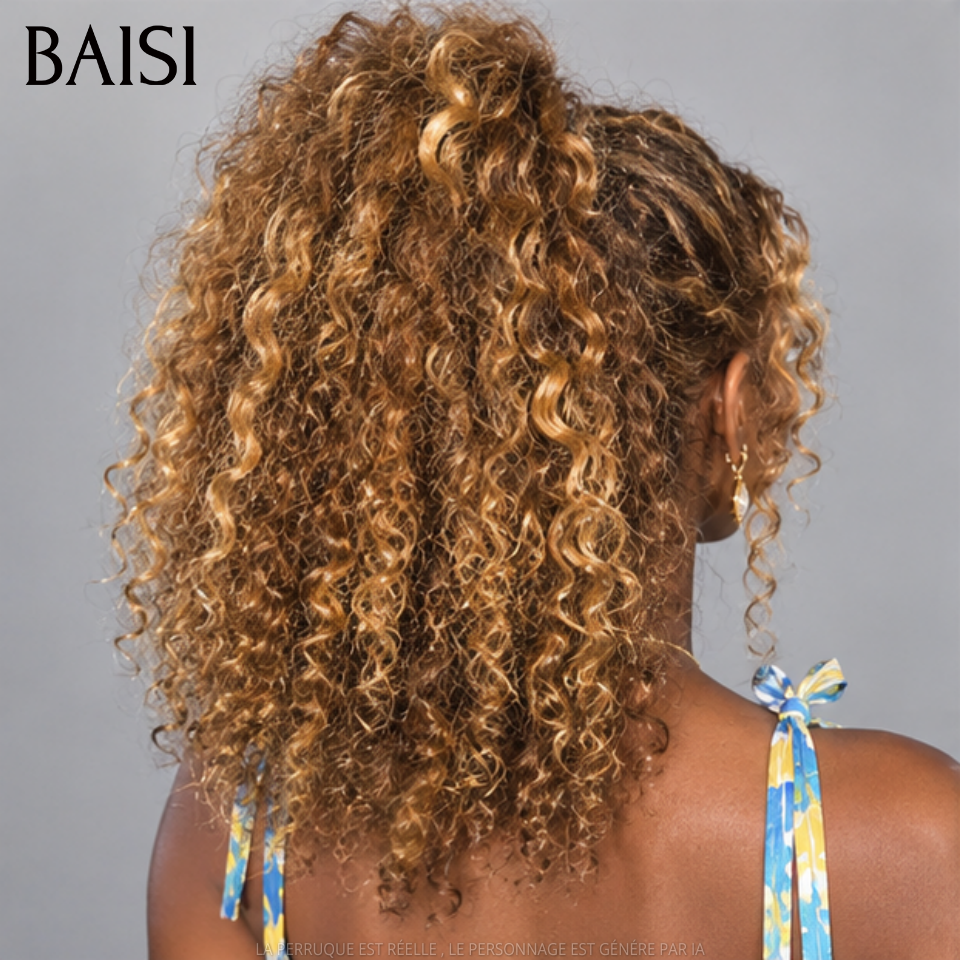 BAISI  perruque Upgrade Invisible Strap 360 Frontal curly wave en Couleur marron mix miel 4#27# Lace frontale 360 invisible et réglable   Pré-plucked Pas Besoin de Colle 250% densité en 100% Raw Hair Lace déjà couper