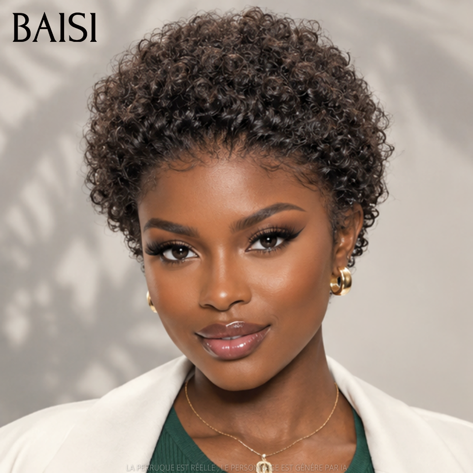 BAISI pixie afro curly noir sans lace fabriqué à la machine 40€ Moitié Prix ou 13x4 lace frontal afro en 100% Cheveux Humains MP50