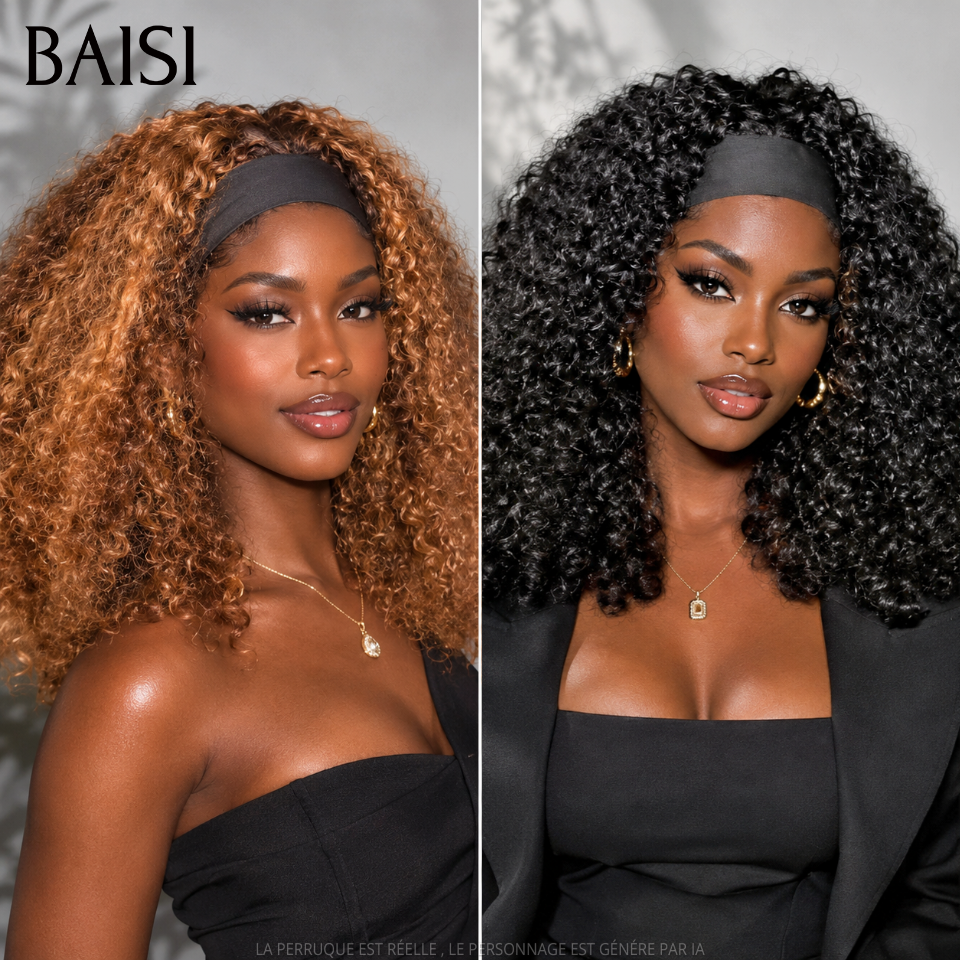 BAISI  Perruque bandeau promotion 79€ noir 14 pouce kinky curly wave Fabriquée A La Machine sans Colle en 100% Cheveux Humains