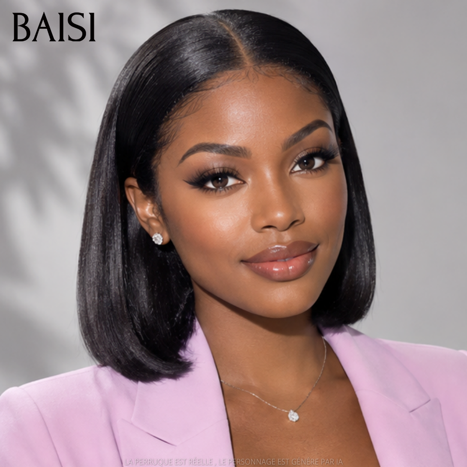BAISI  Perruque Carrée 13X4  Lisse NOIR BOB Pré-plucked Pas Besoin de Colle en 100% Raw Hair Lace déjà couper