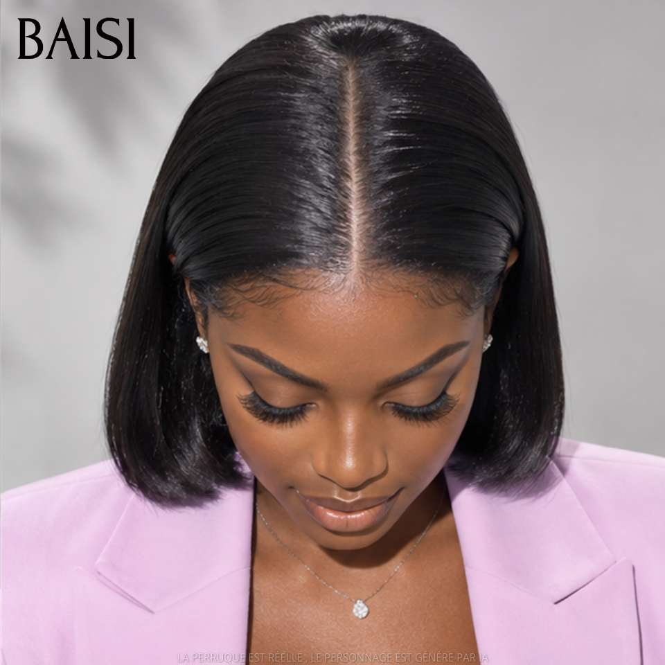 BAISI  Perruque Carrée 13X4  Lisse NOIR BOB Pré-plucked Pas Besoin de Colle en 100% Raw Hair Lace déjà couper
