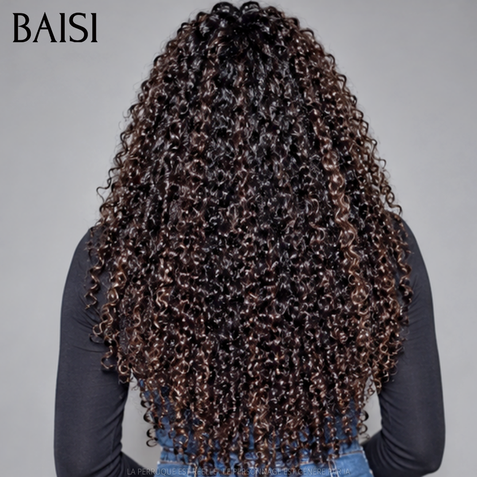 BAISI perruque Upgrade Invisible Strap 360 lace curly wave en couleur NOIR Mixte Marron 360 invisible Pas Besoin de Colle 250% densité Respirant et confortable en 100% Raw Hair Lace déjà couper