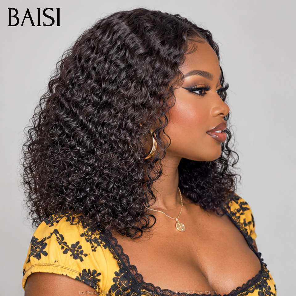 BAISI Grande SALDOS IVA 0€ 300% Densidade Sem Cola 4X4 Closure Peruca Natural Curly 12 Polegadas 95€ Lace já cortado Fácil de Usar em 100% Cabelo Humano FR38