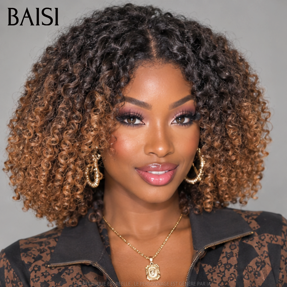 BAISI Perruque BOB Prêt-à-porter kinky curly avec Frange 14 Pouces 400% Volume couleur Marron 1BT4# sans Colle en 100%Vietnam Hair