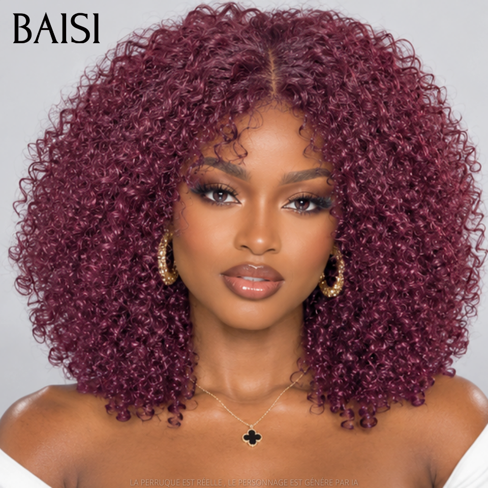BAISI Perruque curly avec Frange 12 Pouces 85€ couleur 99J# bordeaux sans Colle ou 20 pouces densité 300% 249€ 13x4 lace en 100% Cheveux Humain Hair
