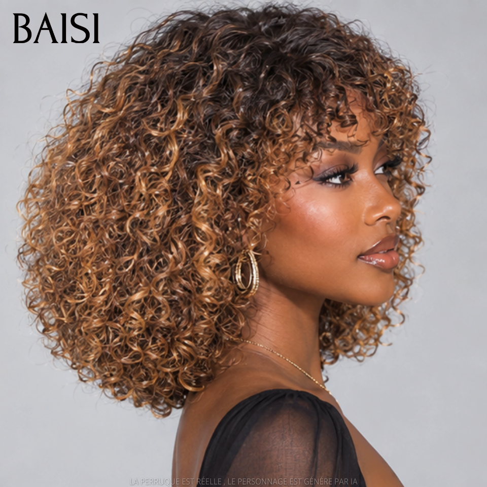 BAISI Perruque curly avec Frange 12 Pouces 89€ couleur mixte Marron sans Colle en 100% Cheveux Humain Hair