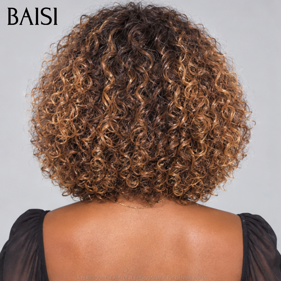 BAISI Perruque curly avec Frange 12 Pouces 89€ couleur mixte Marron sans Colle en 100% Cheveux Humain Hair