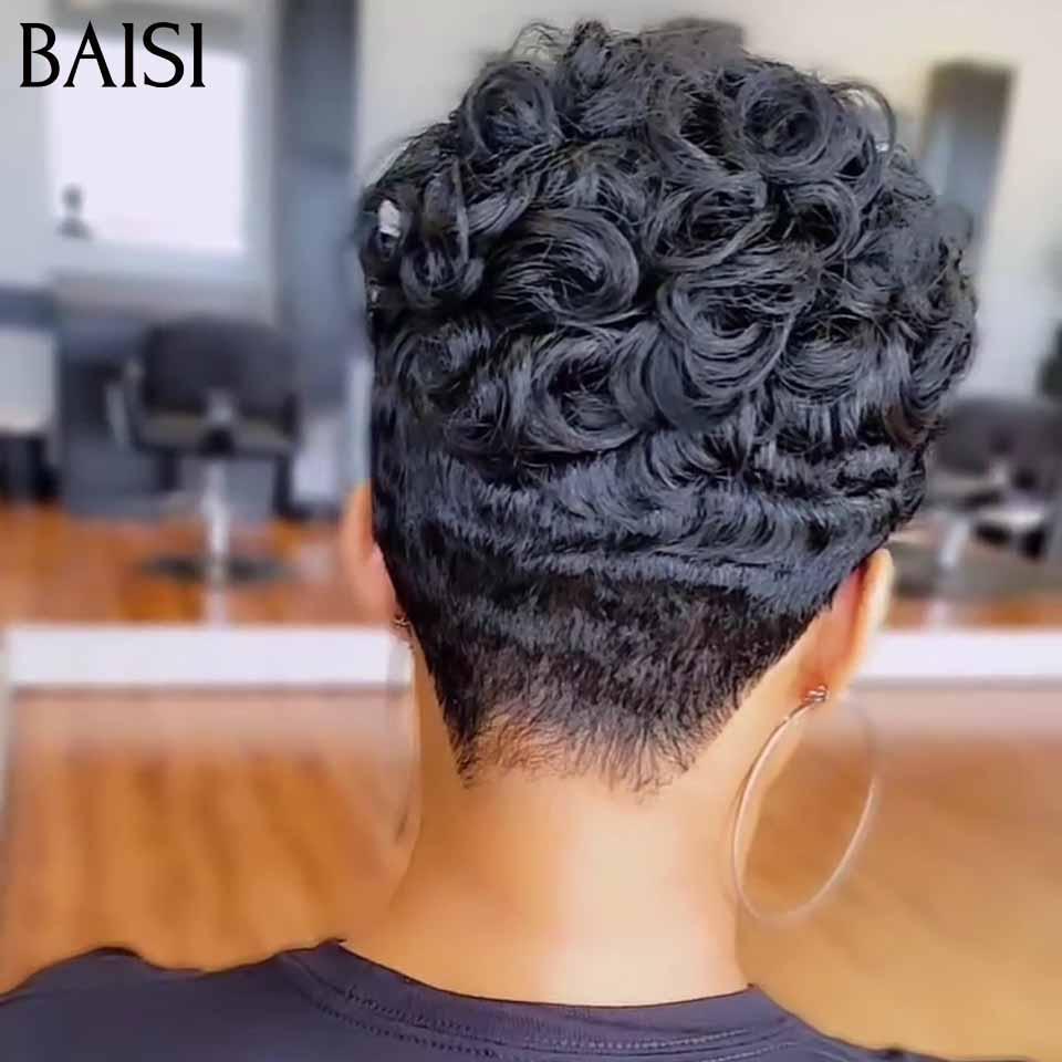 BAISI Offre Flash NOIR 38€ Perruque Pixie Finger Wave petite coupe fabriqué à la machine En 100% Cheveux Humains B