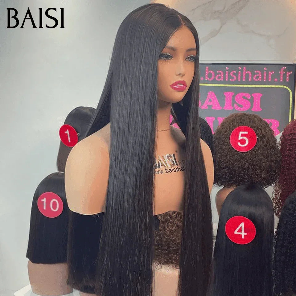 BAISI Luxus-Perücken, gerade Perücke mit 2x6-Spitzenverschluss, aus 100 % Echthaar, Vietnam-Haar, 300 % Dichte über 20 Jahre Nutzung B